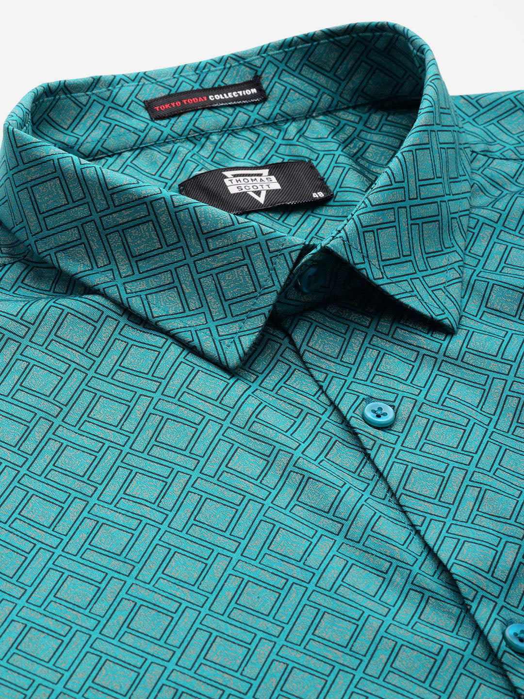 Thomas Scott Men Teal Plus Size Regular Fit Long Sleeves Spread Collar Geometric Printed 100% Cotton Formal Shirt