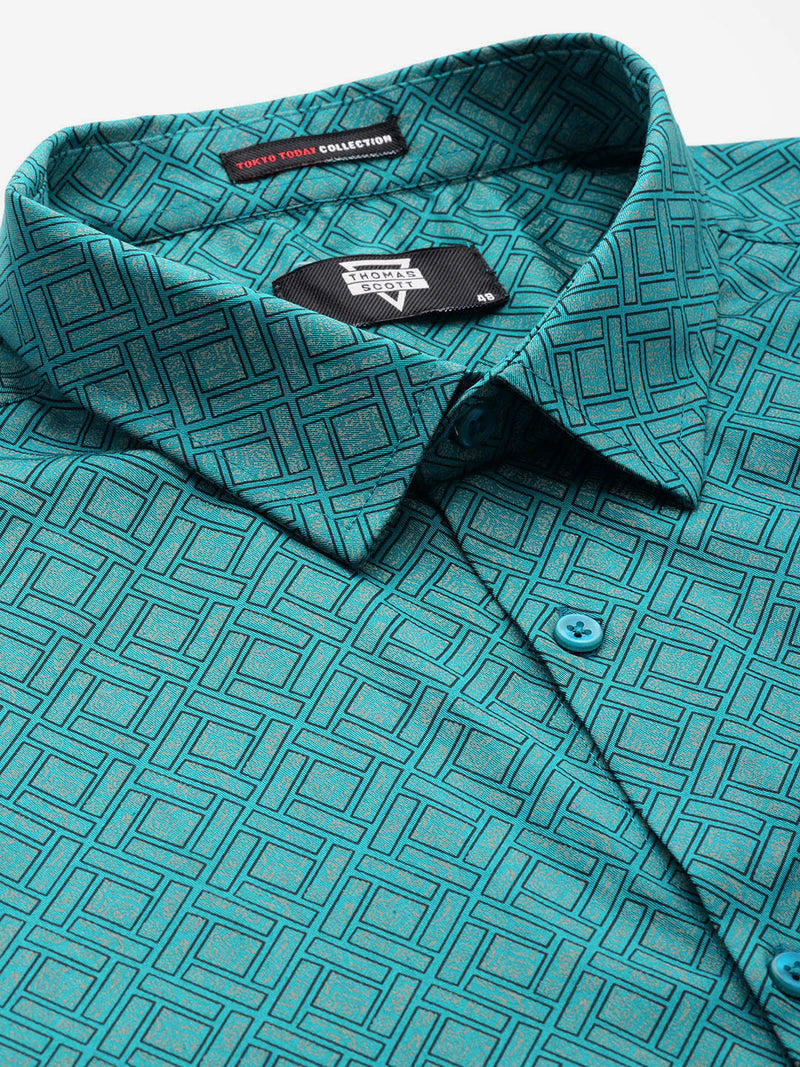 Thomas Scott Men Teal Plus Size Regular Fit Long Sleeves Spread Collar Geometric Printed 100% Cotton Formal Shirt