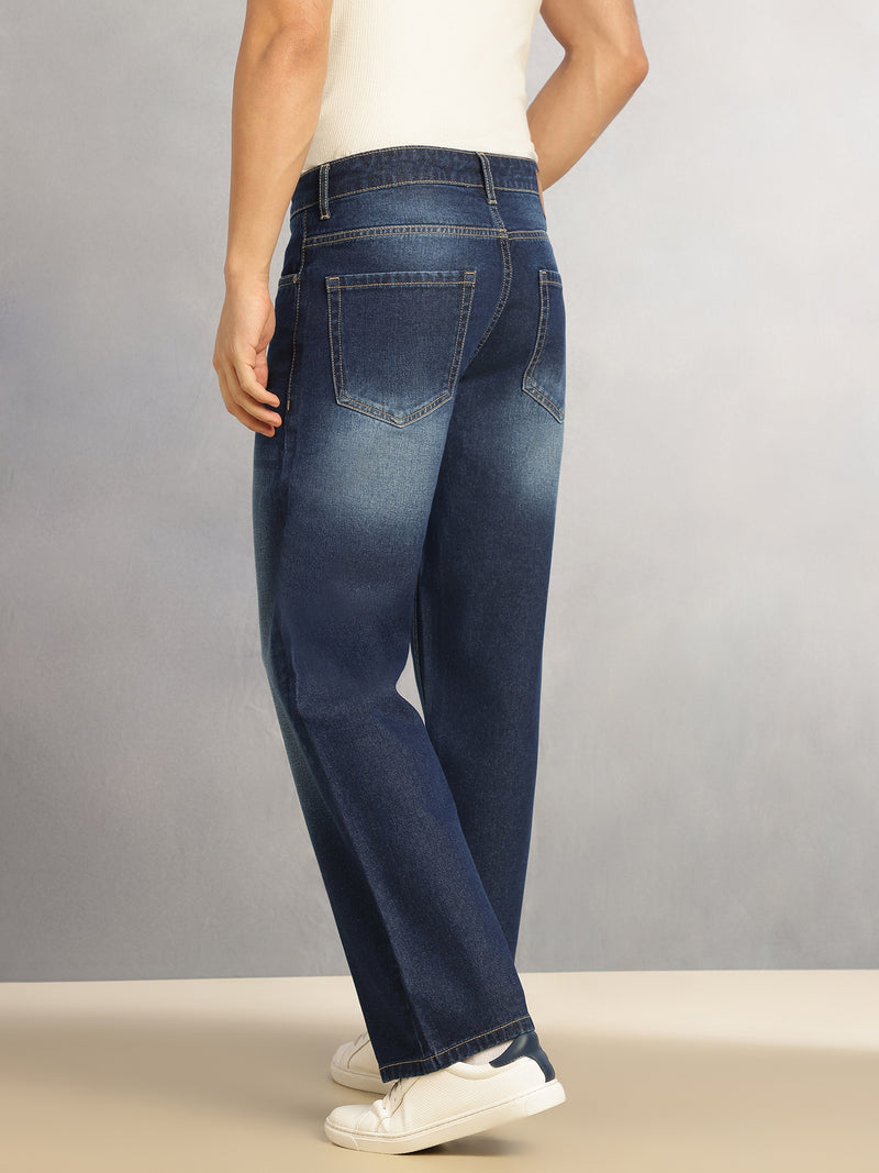 Thomas Scott Men Dark Blue Mid-Rise Baggy Fit Light Fade 100% Cotton Non Stretchable Jeans