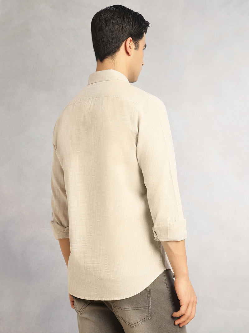 Thomas Scott Men Beige Cricket Club Collection Slim Fit Long Sleeves Spread Collar Pinstripes Cotton Linen Casual Shirt