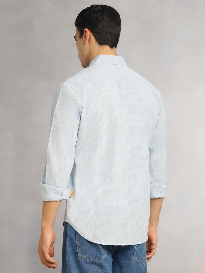 Thomas Scott Men Sky Blue Cricket Club Collection Slim Fit Long Sleeves Spread Collar Pinstripes Cotton Linen Casual Shirt