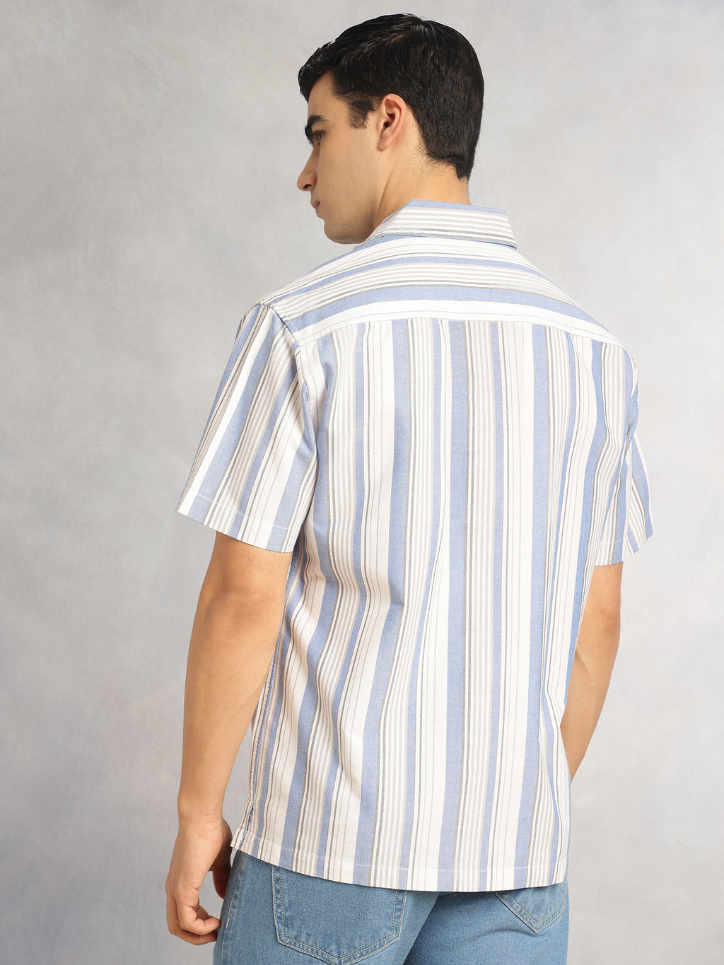 Thomas Scott Men Blue Cricket Club Collection Oversized Short Sleeves Cuban Collar Vertical Striped 100% Cotton Oxford Casual Shirt
