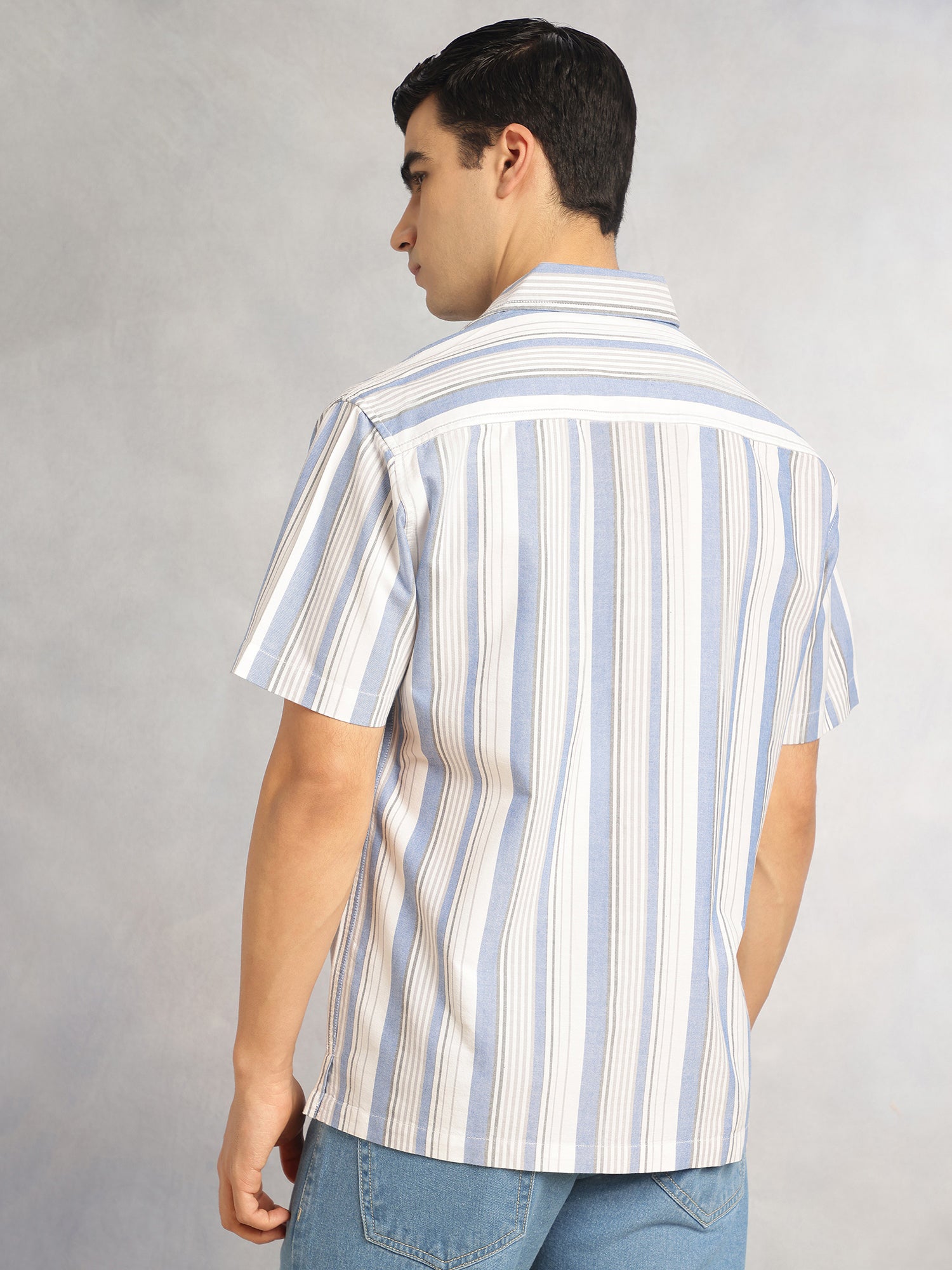 Thomas Scott Men Blue Cricket Club Collection Oversized Short Sleeves Cuban Collar Vertical Striped 100% Cotton Oxford Casual Shirt