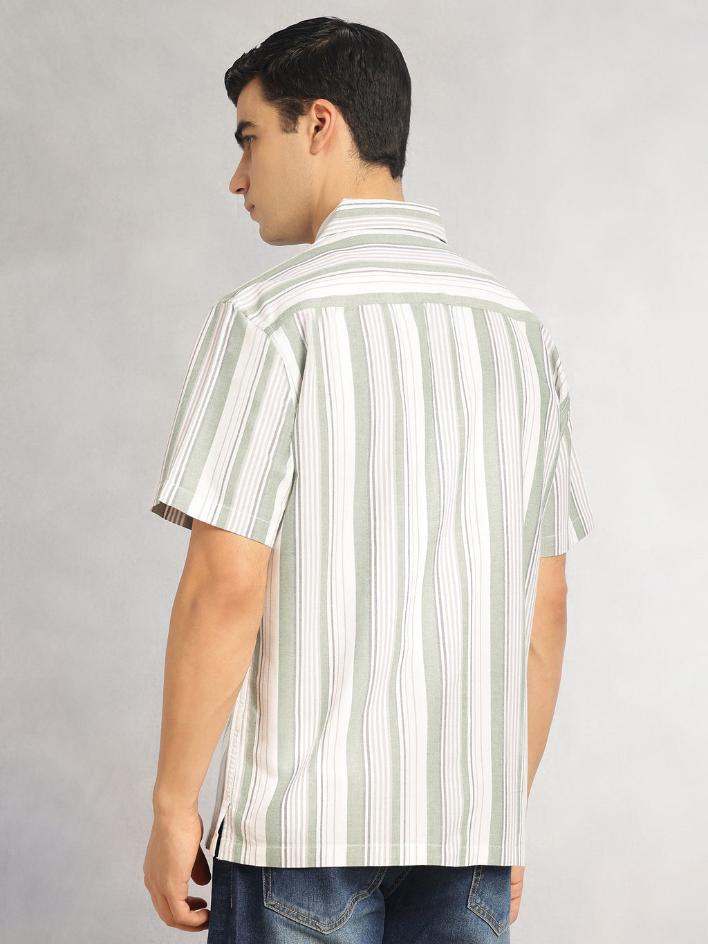 Thomas Scott Men Green Cricket Club Collection Oversized Short Sleeves Cuban Collar Vertical Striped 100% Cotton Oxford Casual Shirt