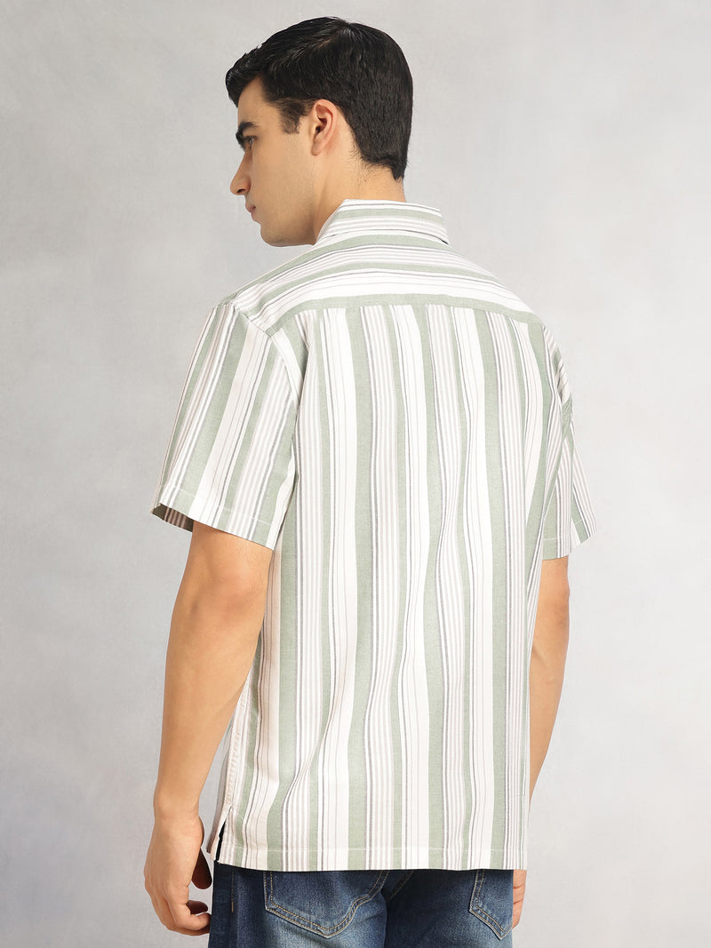 Thomas Scott Men Green Cricket Club Collection Oversized Short Sleeves Cuban Collar Vertical Striped 100% Cotton Oxford Casual Shirt