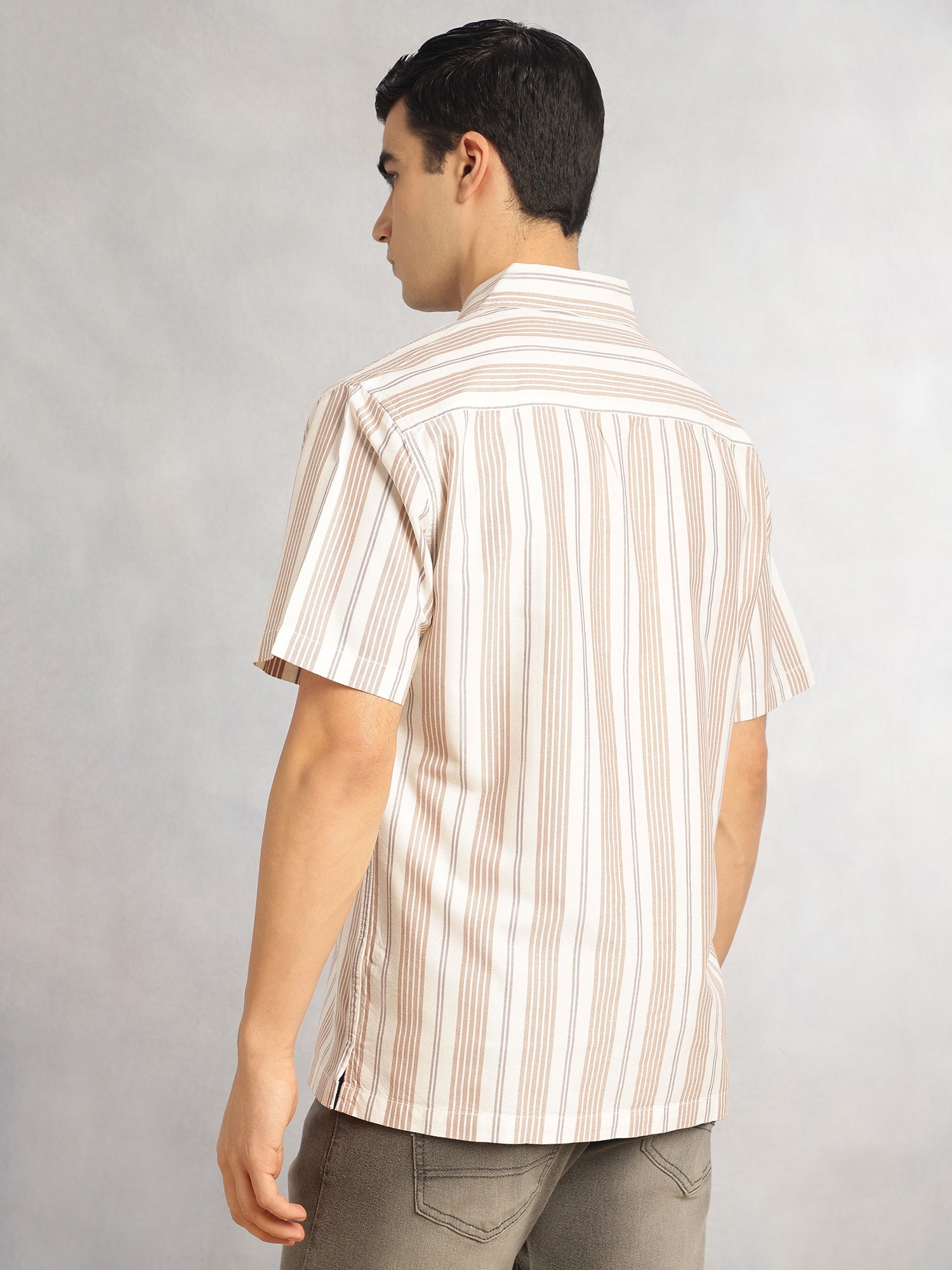 Thomas Scott Men Beige Cricket Club Collection Oversized Short Sleeves Cuban Collar Vertical Striped 100% Cotton Oxford Casual Shirt