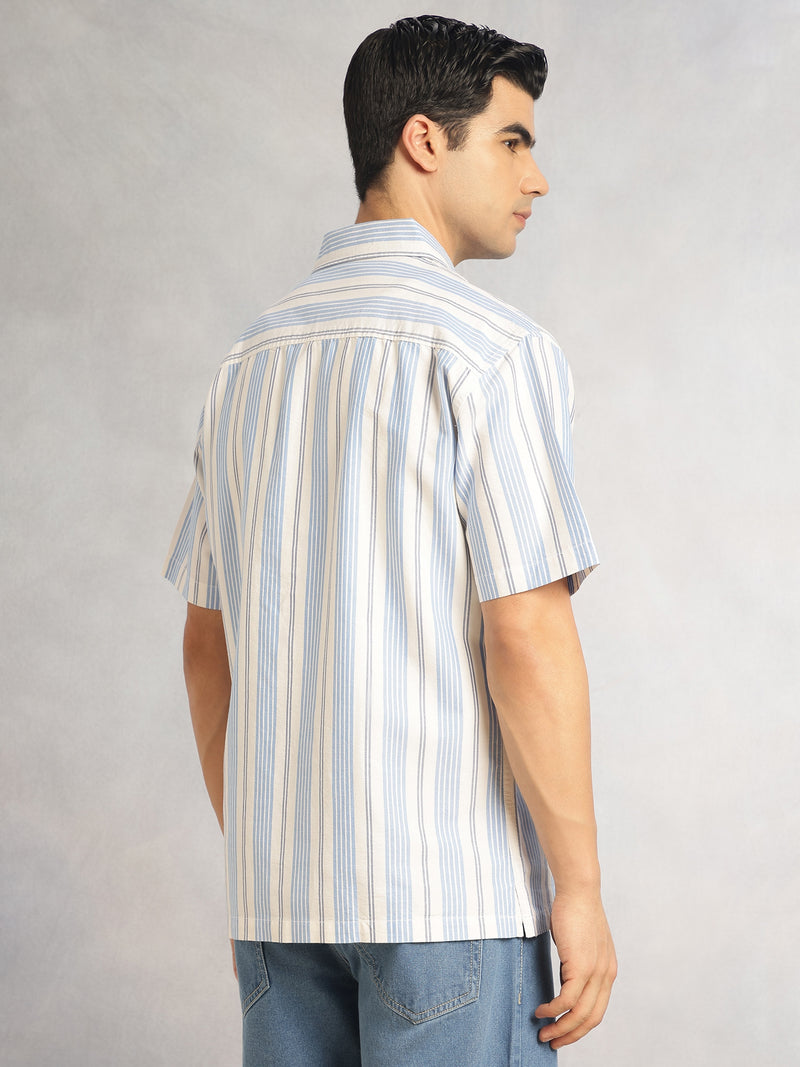 Thomas Scott Men Blue Cricket Club Collection Oversized Short Sleeves Cuban Collar Vertical Striped 100% Cotton Oxford Casual Shirt