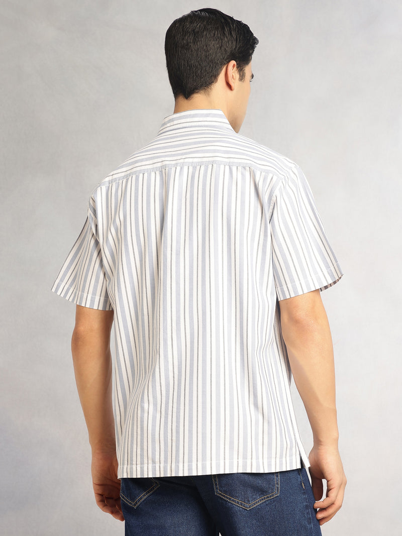Thomas Scott Men Blue Cricket Club Collection Oversized Short Sleeves Cuban Collar Vertical Striped 100% Cotton Oxford Casual Shirt
