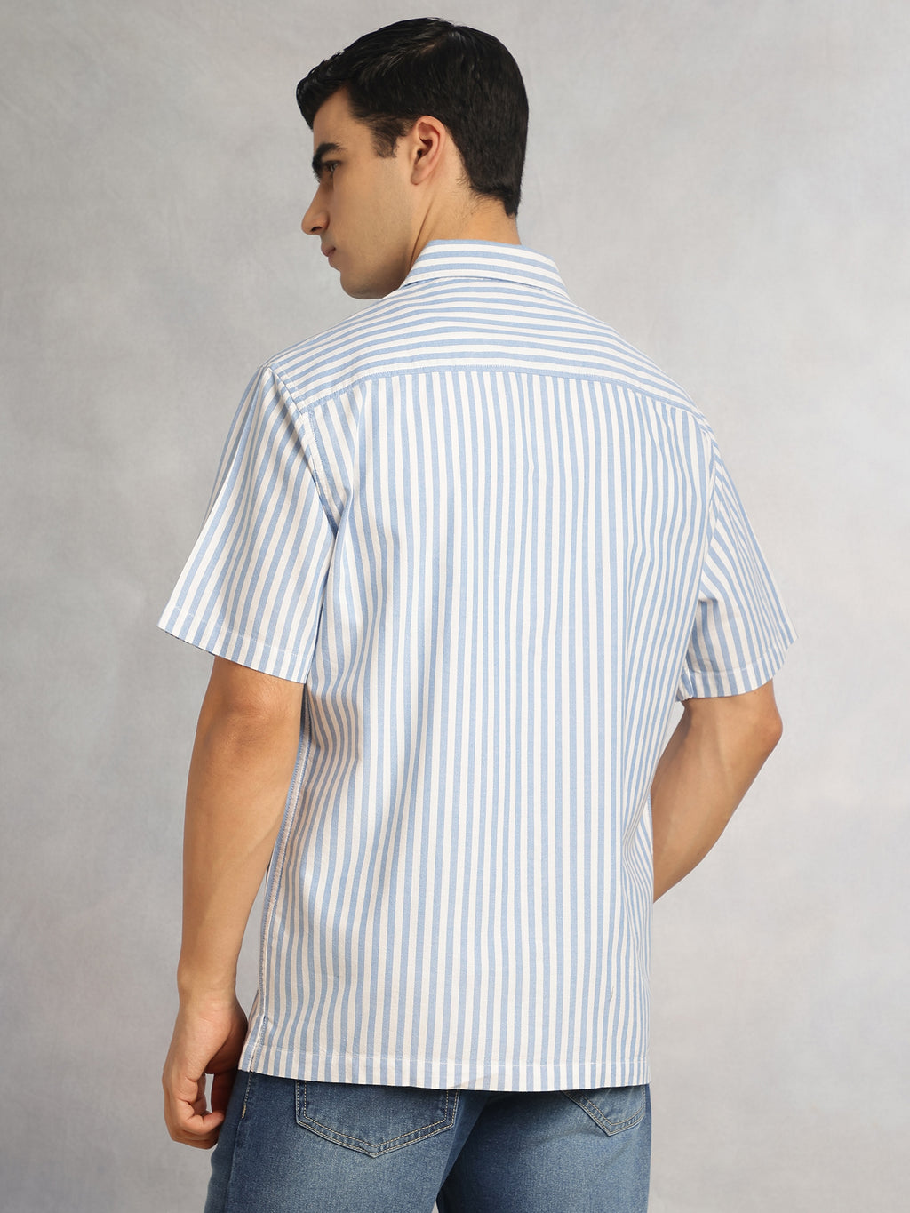 Thomas Scott Men Blue Cricket Club Collection Oversized Short Sleeves Cuban Collar Vertical Striped 100% Cotton Oxford Casual Shirt