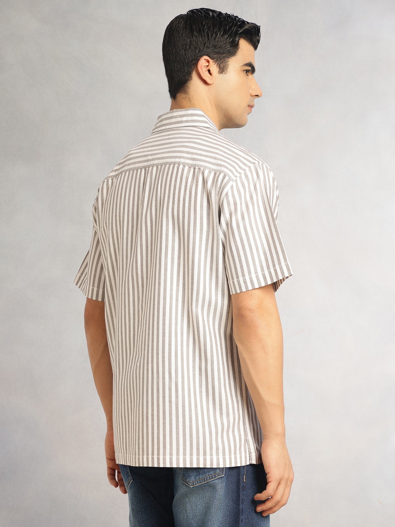 Thomas Scott Men Brown Cricket Club Collection Oversized Short Sleeves Cuban Collar Vertical Striped 100% Cotton Oxford Casual Shirt