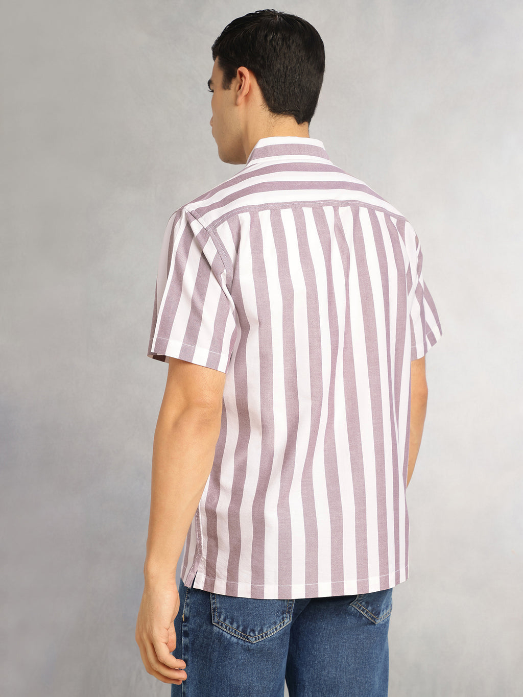 Thomas Scott Men Maroon Cricket Club Collection Oversized Short Sleeves Cuban Collar Vertical Striped 100% Cotton Oxford Casual Shirt
