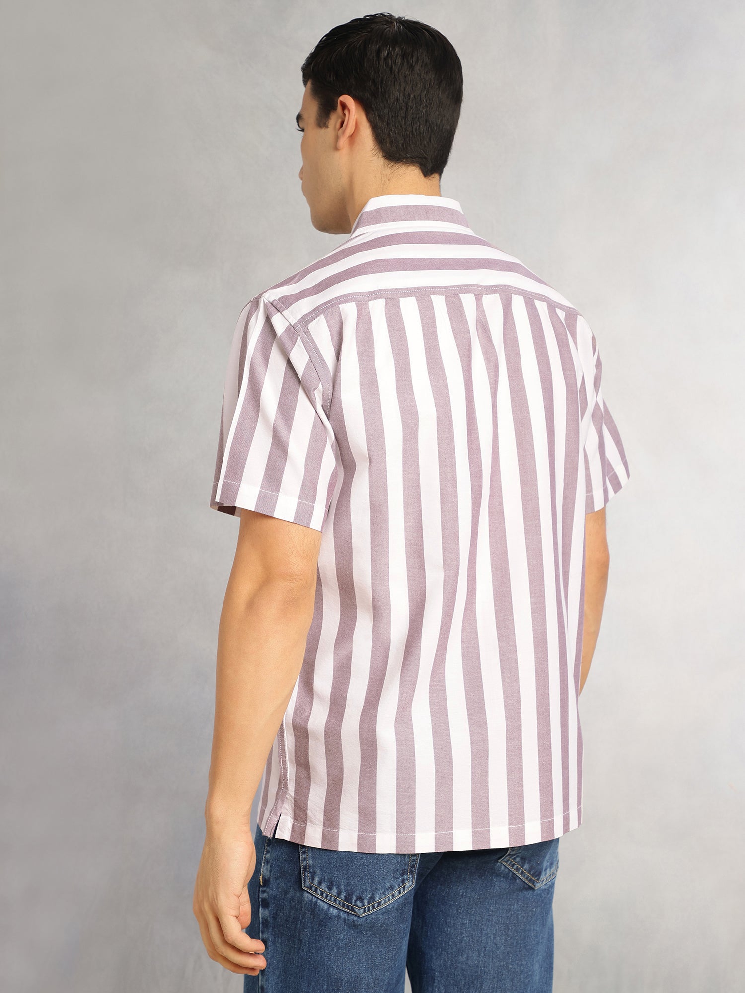Thomas Scott Men Maroon Cricket Club Collection Oversized Short Sleeves Cuban Collar Vertical Striped 100% Cotton Oxford Casual Shirt