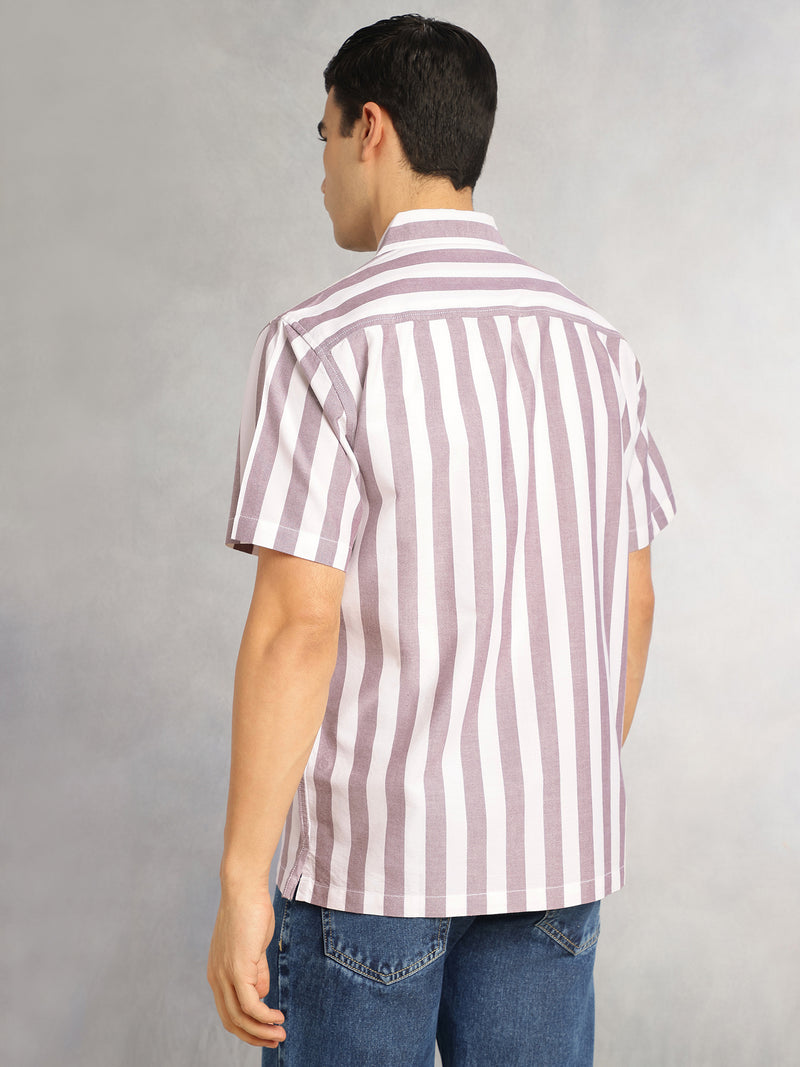 Thomas Scott Men Maroon Cricket Club Collection Oversized Short Sleeves Cuban Collar Vertical Striped 100% Cotton Oxford Casual Shirt