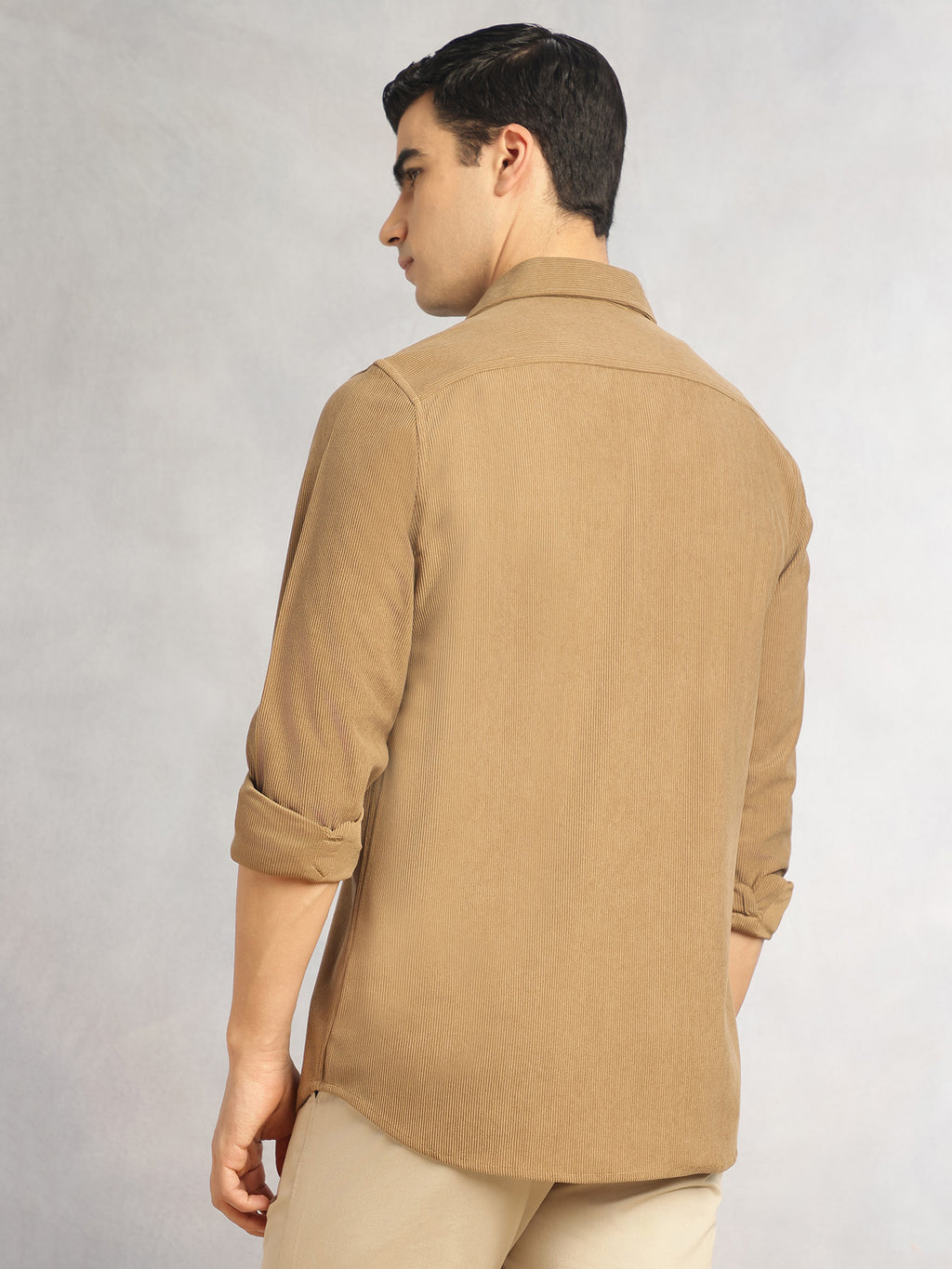 Thomas Scott Men Khaki Regular Fit Long Sleeves Spread Collar Corduroy Casual Shirt