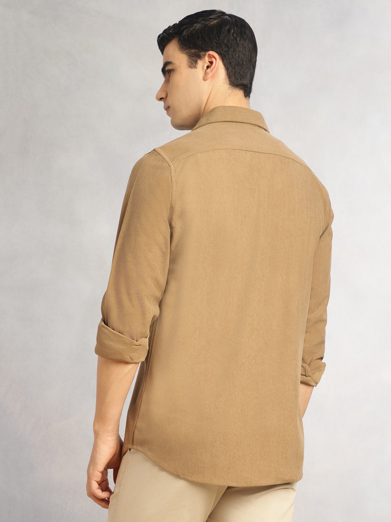 Thomas Scott Men Khaki Regular Fit Long Sleeves Spread Collar Corduroy Casual Shirt