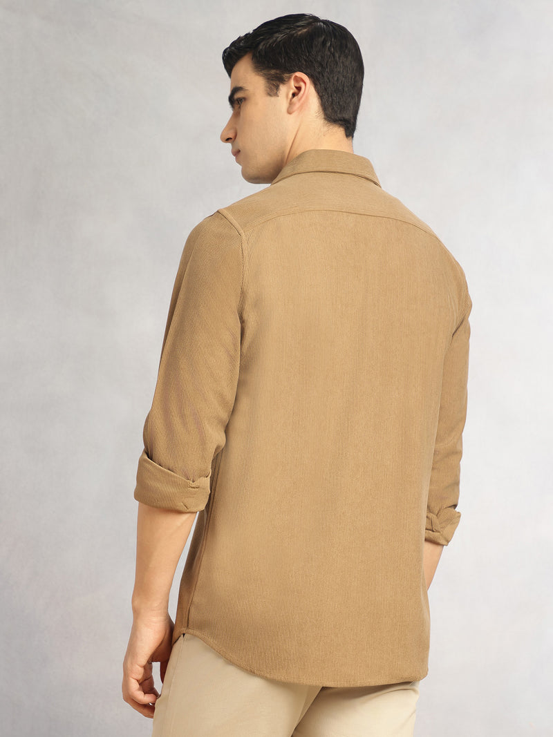 Thomas Scott Men Khaki Regular Fit Long Sleeves Spread Collar Corduroy Casual Shirt