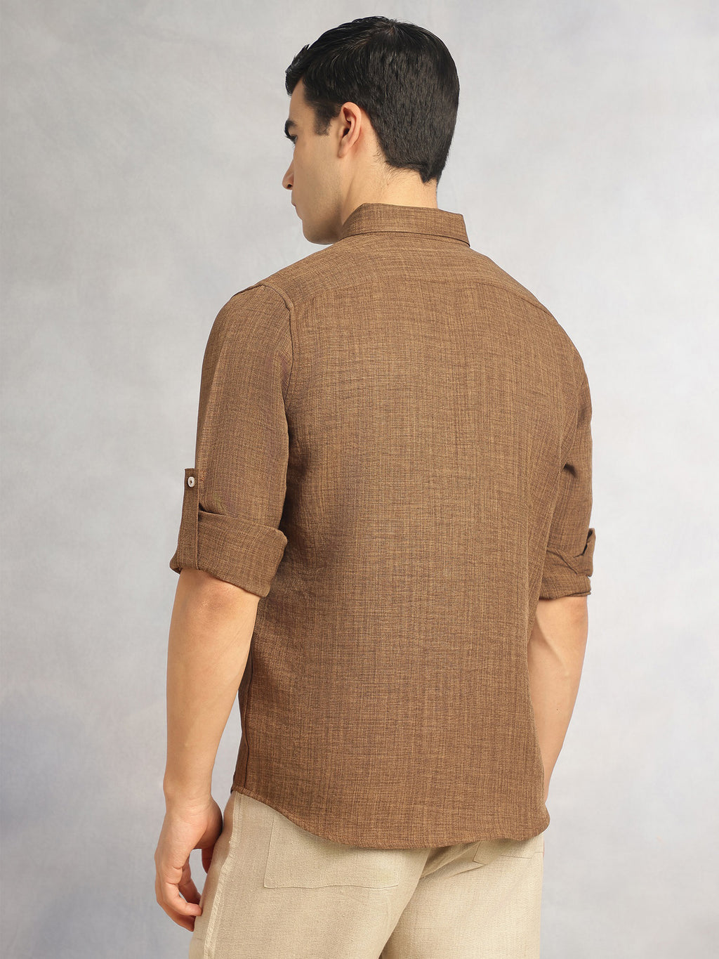 Thomas Scott Men Coffee Slim Fit Long Sleeves Button-Down Collar Polyester Casual Shirt