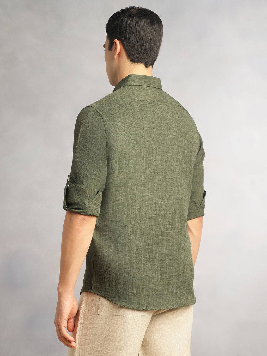 Thomas Scott Men Forest Green Slim Fit Long Sleeves Button-Down Collar Polyester Casual Shirt