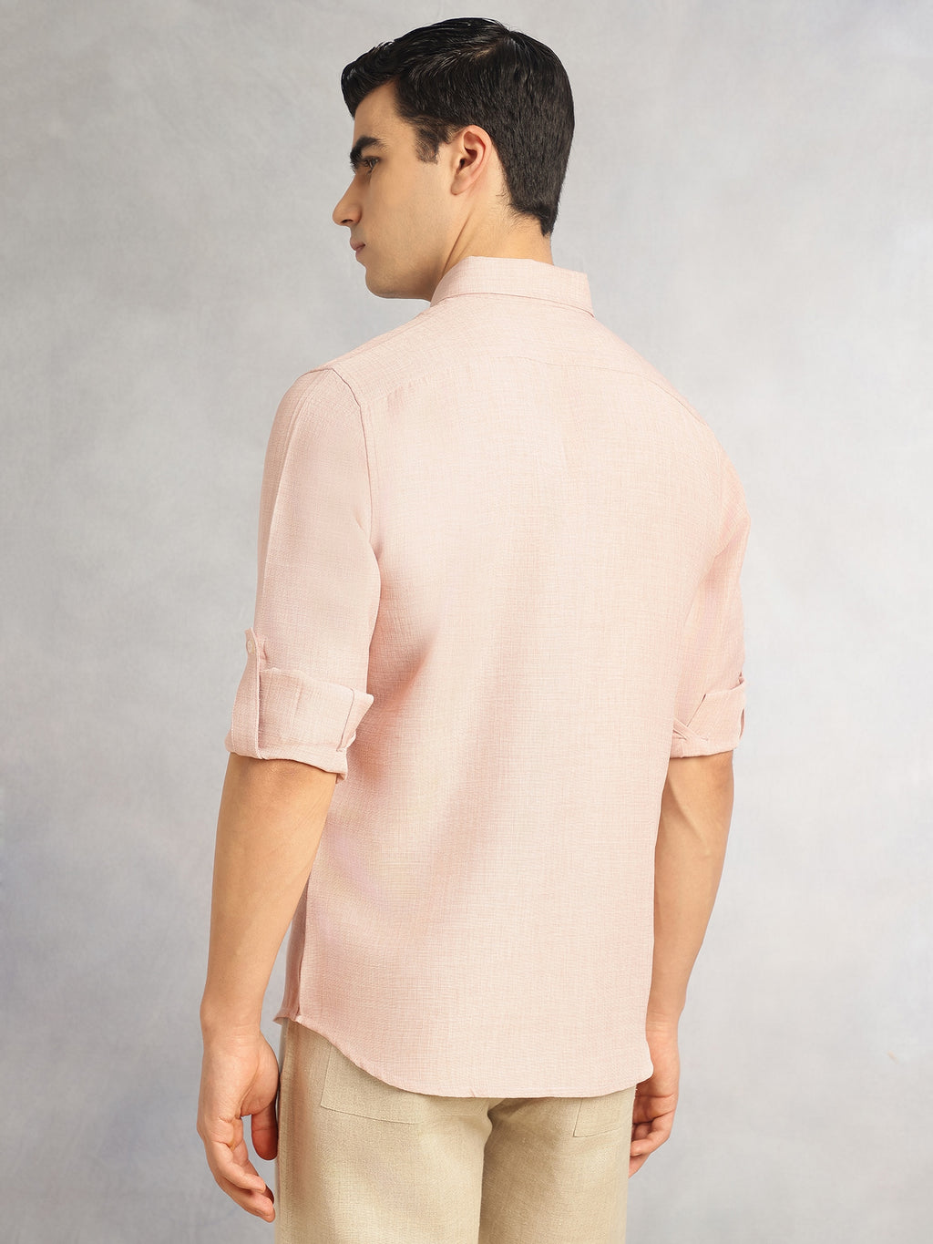 Thomas Scott Men Peach Slim Fit Long Sleeves Button-Down Collar Polyester Casual Shirt