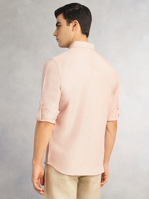 Thomas Scott Men Peach Slim Fit Long Sleeves Button-Down Collar Polyester Casual Shirt