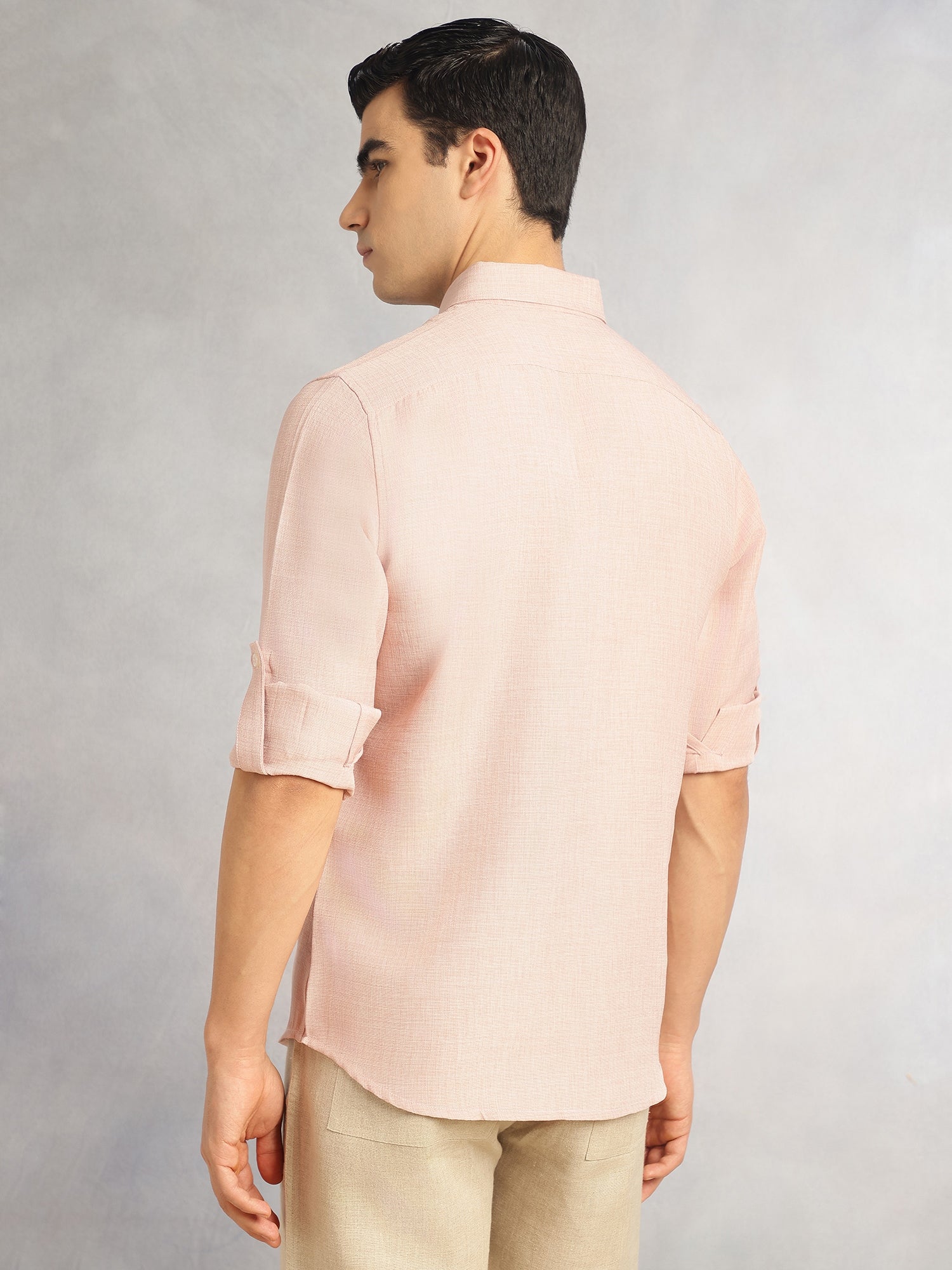 Thomas Scott Men Peach Slim Fit Long Sleeves Button-Down Collar Polyester Casual Shirt