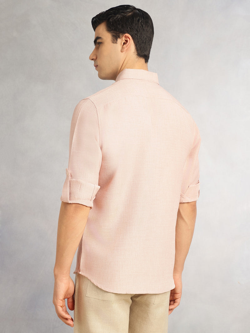 Thomas Scott Men Peach Slim Fit Long Sleeves Button-Down Collar Polyester Casual Shirt