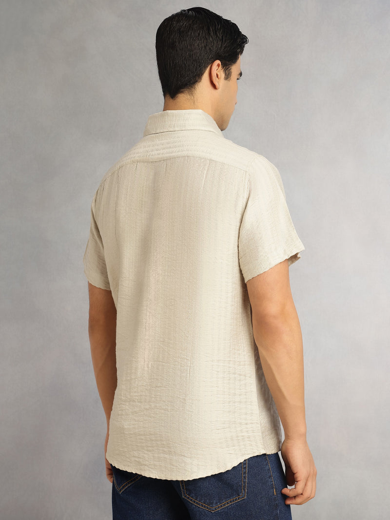 Thomas Scott Men Cream Regular Fit Short Sleeves Spread Collar Textured Polyester Casual Shirt