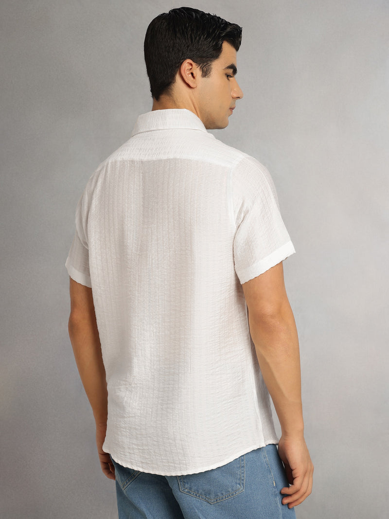 Thomas Scott Men White Regular Fit Short Sleeves Spread Collar Textured Polyester Casual Shirt
