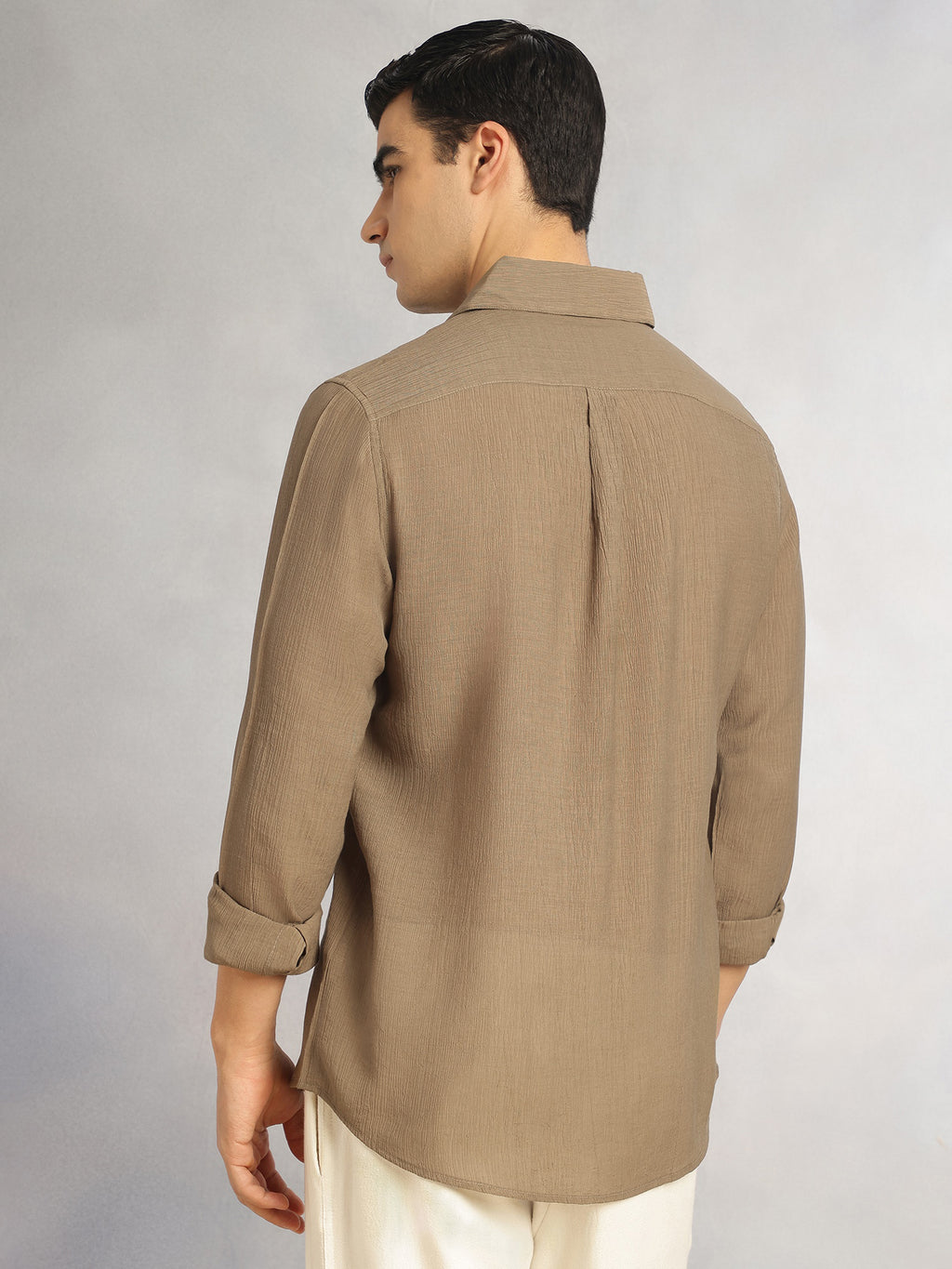 Thomas Scott Men Brown Regular Fit Long Sleeves Spread Colllar Textured Polyester Casual Shirt