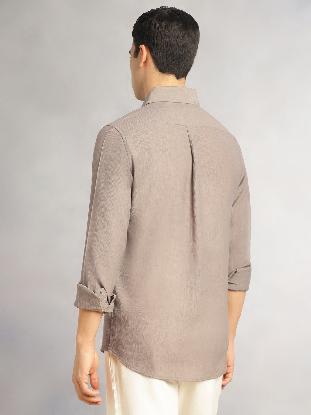 Thomas Scott Men Grey Regular Fit Long Sleeves Spread Colllar Textured Polyester Casual Shirt