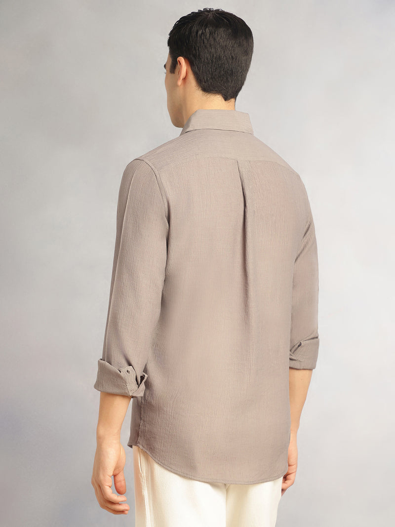 Thomas Scott Men Grey Regular Fit Long Sleeves Spread Colllar Textured Polyester Casual Shirt