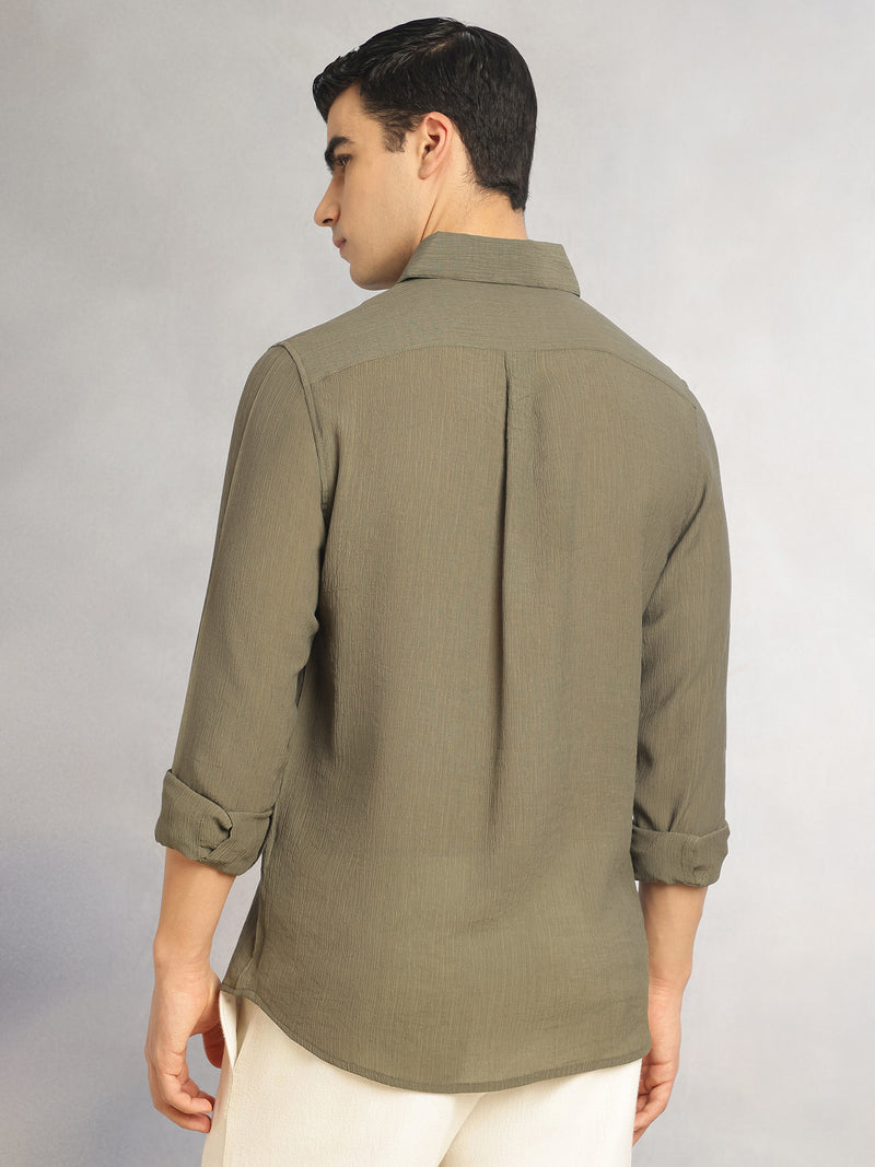 Thomas Scott Men Olive Regular Fit Long Sleeves Spread Colllar Textured Polyester Casual Shirt