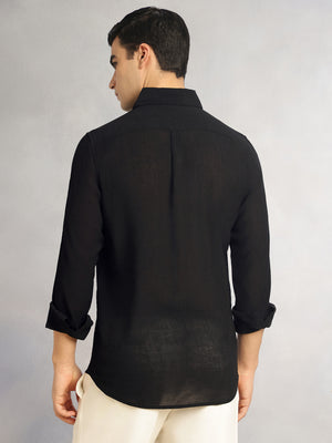 Thomas Scott Men Black Regular Fit Long Sleeves Spread Colllar Textured Polyester Casual Shirt