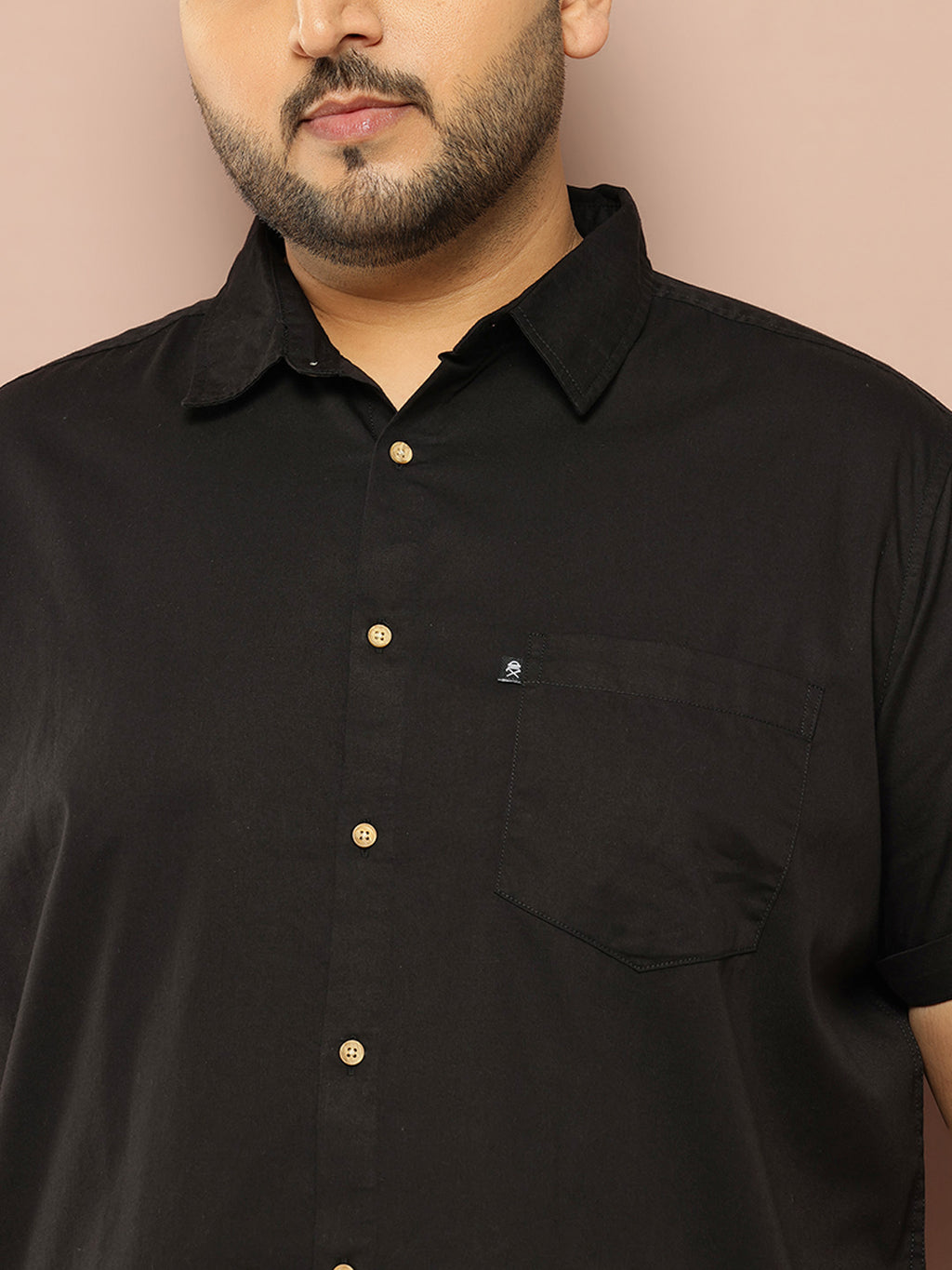 Thomas Scott Men Black Plus Size Regular Fit Short Sleeves Spread Collar 100% Cotton Casual Shirt
