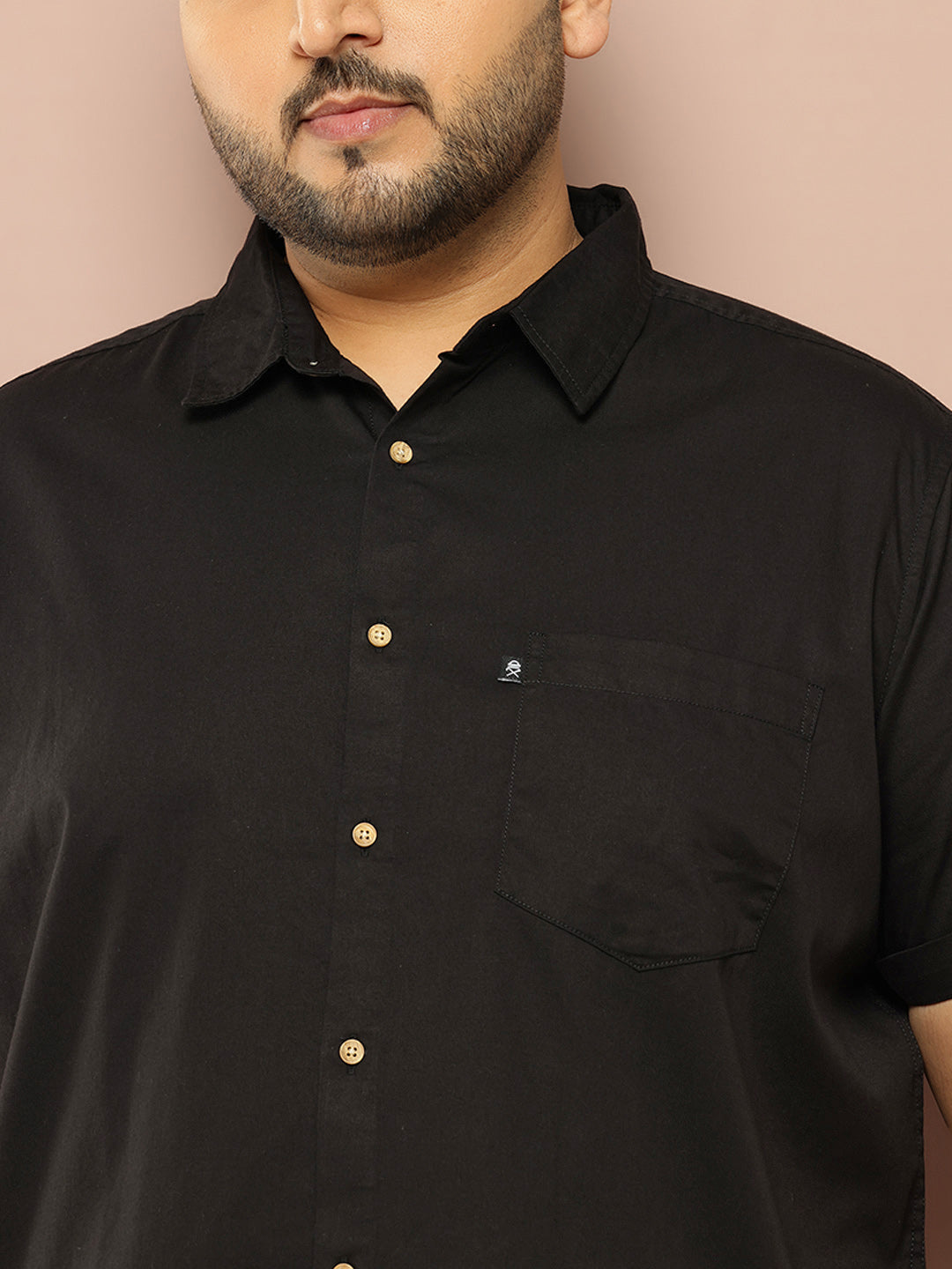 Thomas Scott Men Black Plus Size Regular Fit Short Sleeves Spread Collar 100% Cotton Casual Shirt