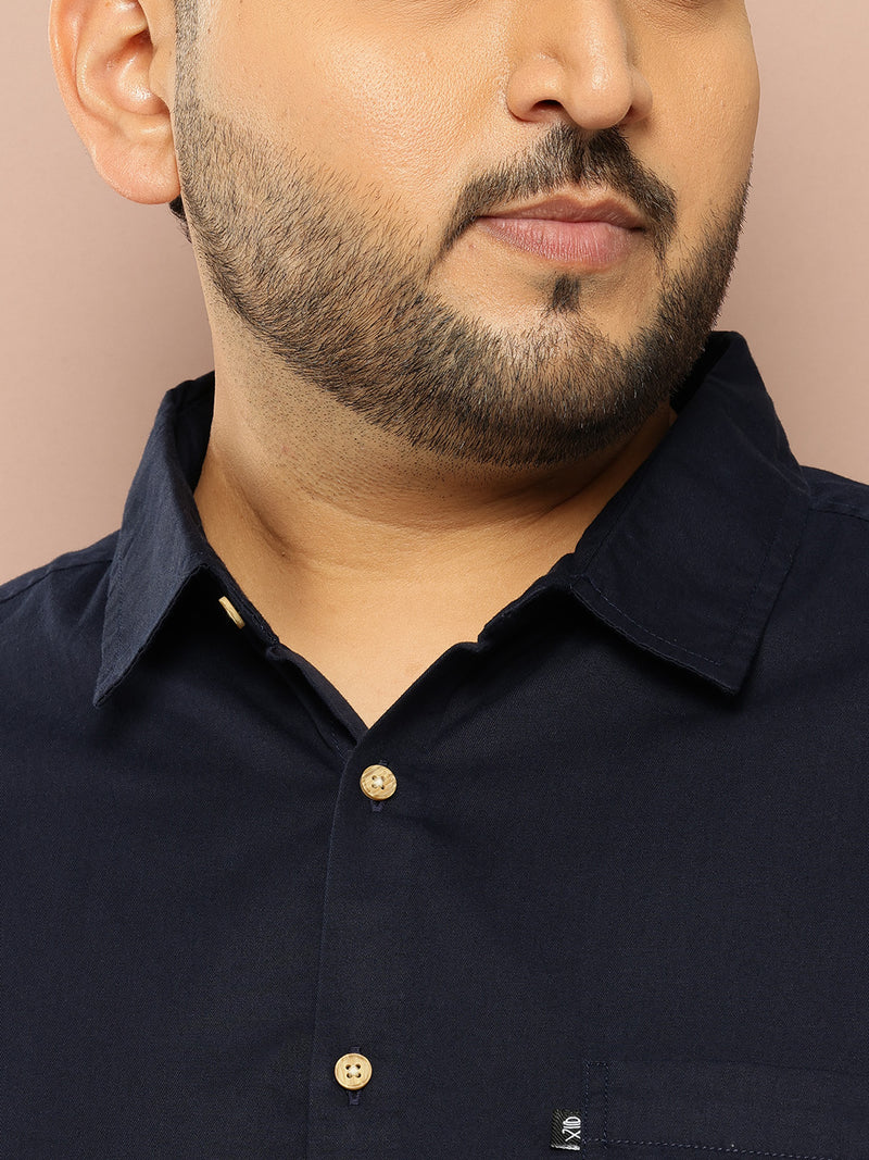 Thomas Scott Men Navy Plus Size Regular Fit Short Sleeves Spread Collar 100% Cotton Casual Shirt