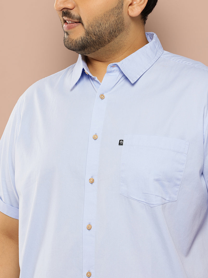 Thomas Scott Men Sky Blue Plus Size Regular Fit Short Sleeves Spread Collar 100% Cotton Casual Shirt