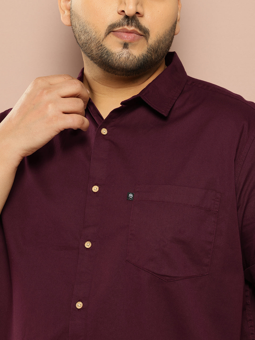 Thomas Scott Men Wine Plus Size Regular Fit Short Sleeves Spread Collar 100% Cotton Casual Shirt