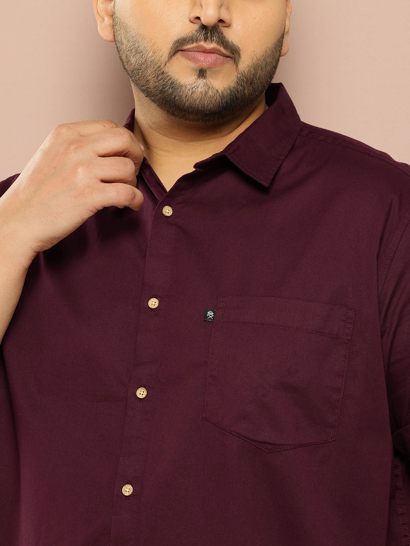 Thomas Scott Men Wine Plus Size Regular Fit Short Sleeves Spread Collar 100% Cotton Casual Shirt