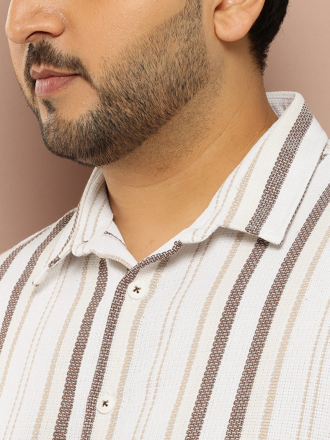 Thomas Scott Men Cream Plus Size Regular Fit Long Sleeves Spread Collar Multi Stripes 100% Cotton Casual Shirt