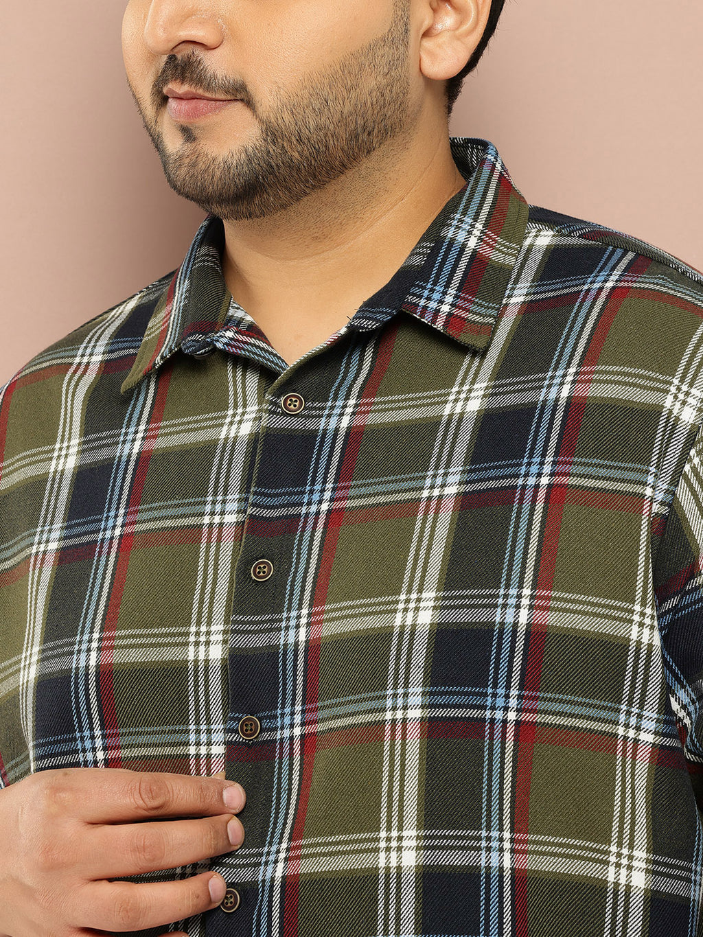 Thomas Scott Men Green Plus Size Regular Fit Long Sleeves Spread Collar Shepherd Checks 100% Cotton Casual Shirt