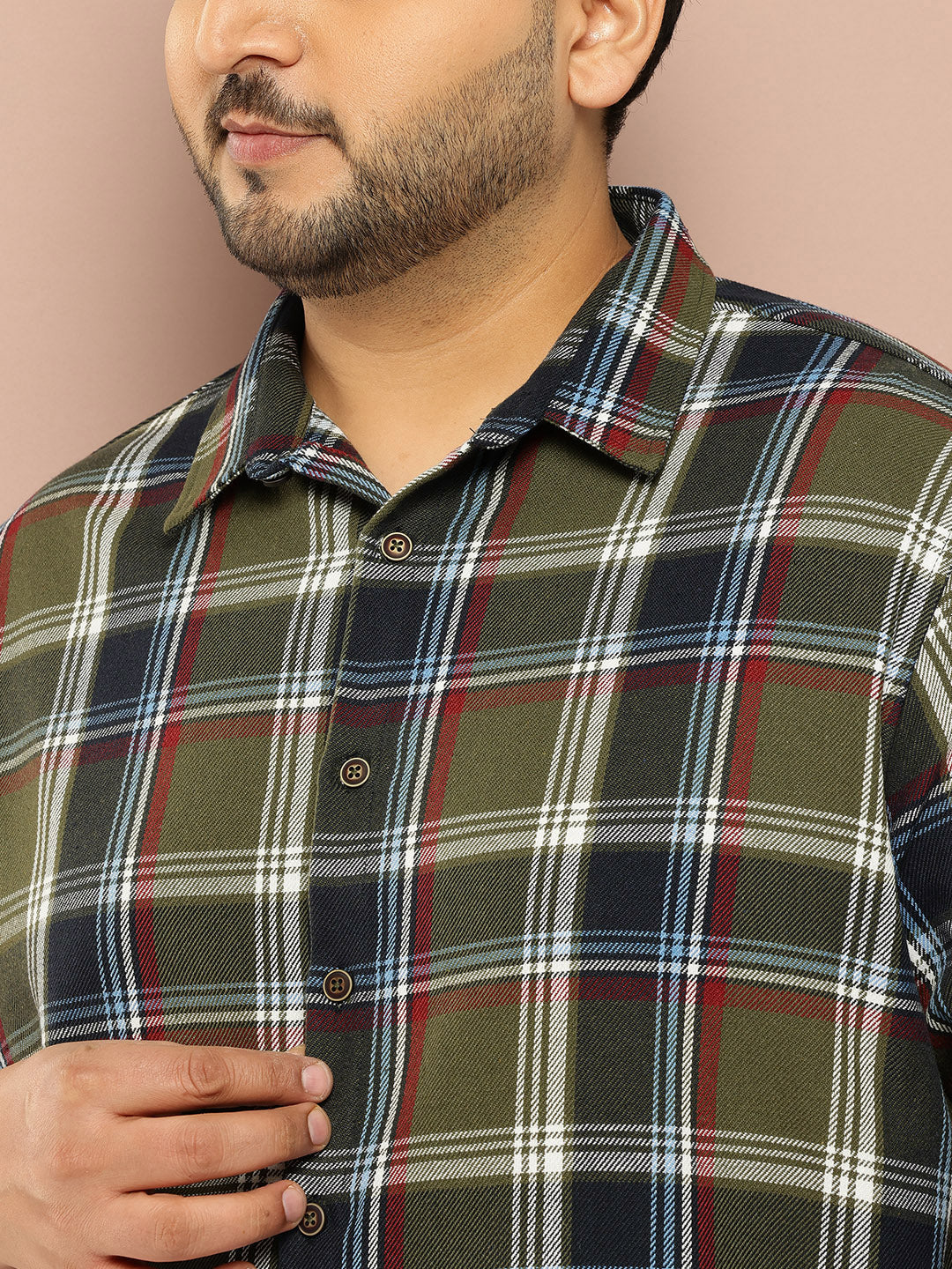 Thomas Scott Men Green Plus Size Regular Fit Long Sleeves Spread Collar Shepherd Checks 100% Cotton Casual Shirt