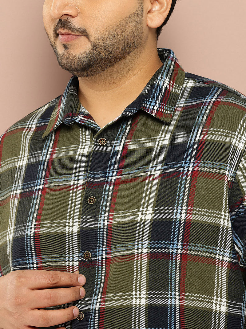 Thomas Scott Men Green Plus Size Regular Fit Long Sleeves Spread Collar Shepherd Checks 100% Cotton Casual Shirt