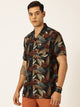 Thomas Scott Men Black Regular Fit Short Sleeves Cuban Collar Abstract Printed Casual Shirt