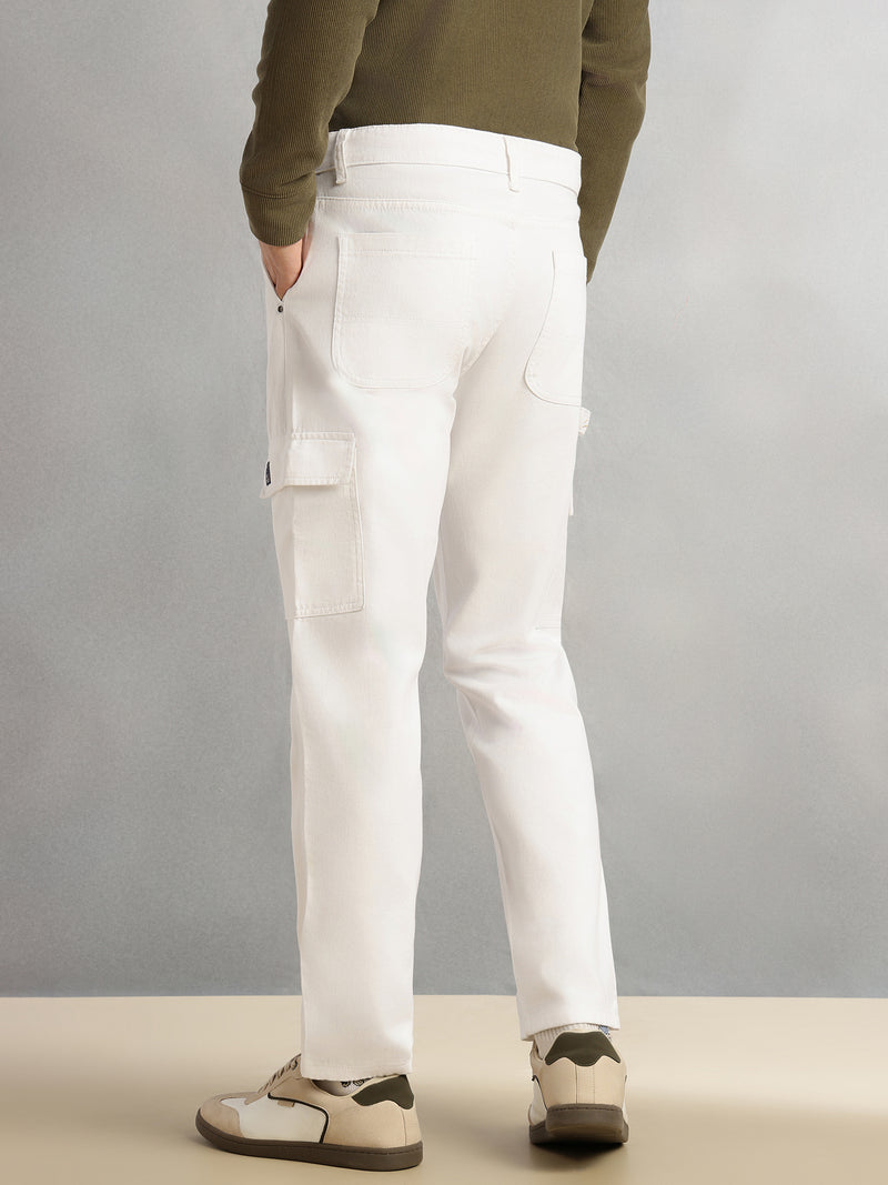 Thomas Scott Men White Cricket Club Collection Straight Fit Mid-Rise 100% Cotton Woven Cargo Trouser