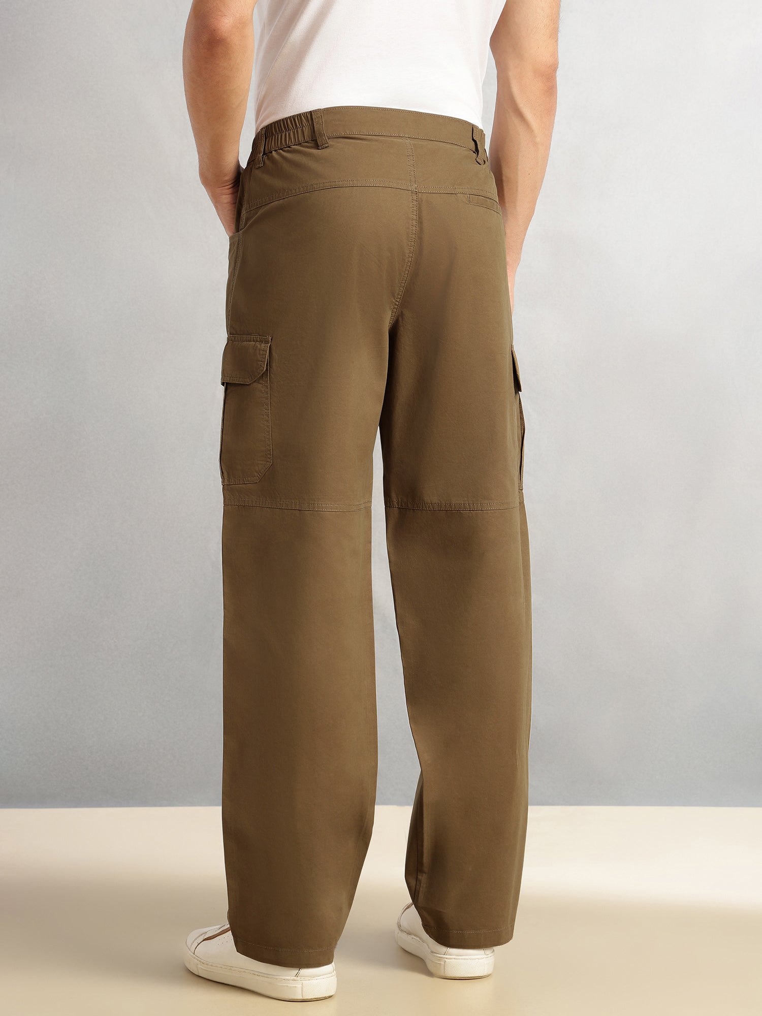 Thomas Scott Men Khaki Cricket Club Collection Mid-Rise 100% Cotton Loose Fit Solid Woven Cargo Trouser