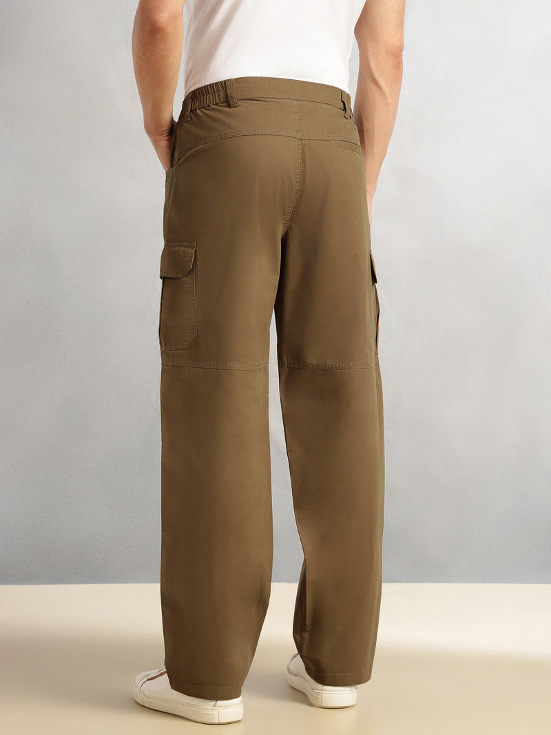 Thomas Scott Men Khaki Cricket Club Collection Mid-Rise 100% Cotton Loose Fit Solid Woven Cargo Trouser