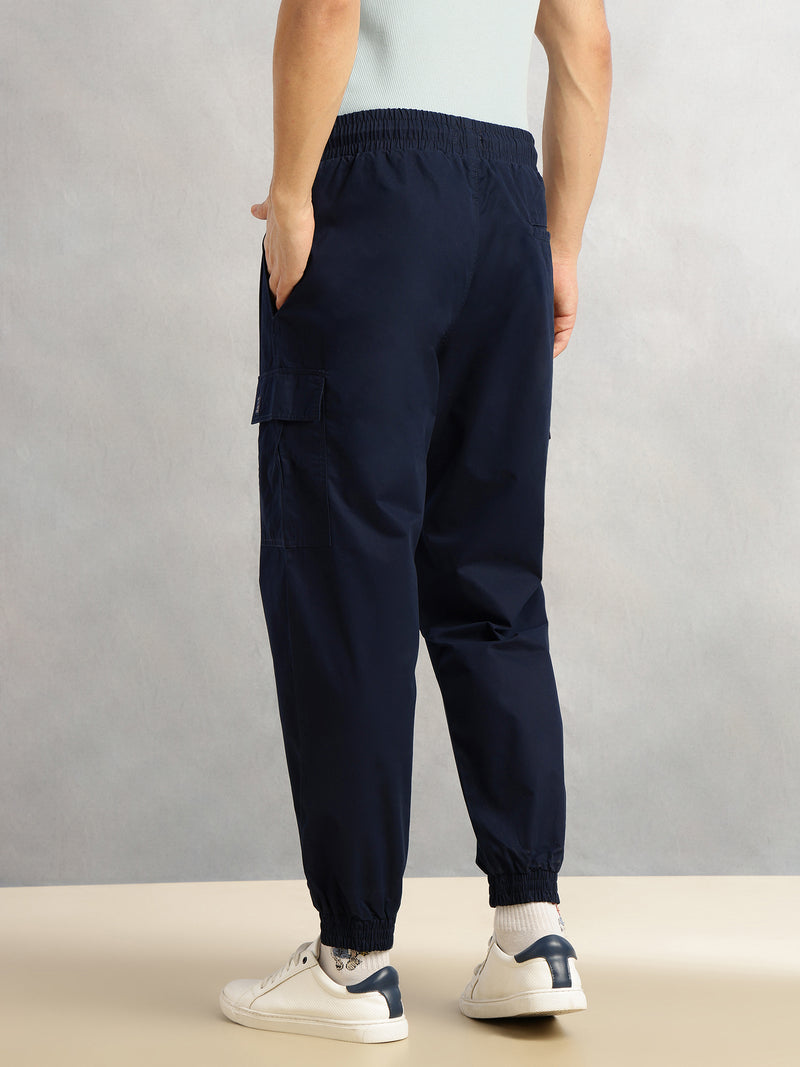 Thomas Scott Men Navy Cricket Club Collection Cargo Fit Mid Rise Solid 100% Cotton Woven Joggers