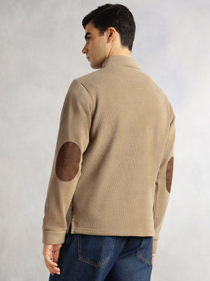 Thomas Scott Men Beige Regular Fit Long Sleeves Mock Collar Solid 100% Polyester Half-Zip Knitted Sweatshirt