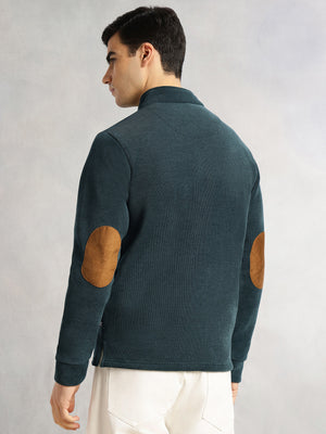 Thomas Scott Men Green Regular Fit Long Sleeves Mock Collar Solid 100% Polyester Half-Zip Knitted Sweatshirt